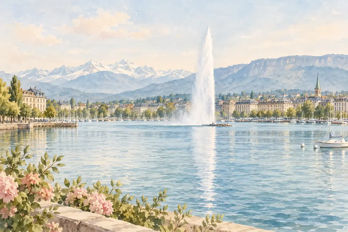 Watercolour view of Geneva and the Jet d'Eau