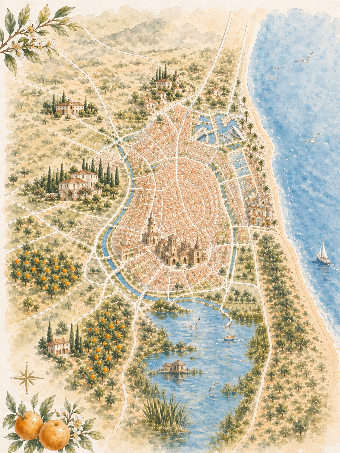 Illustrated watercolour map of Valencia